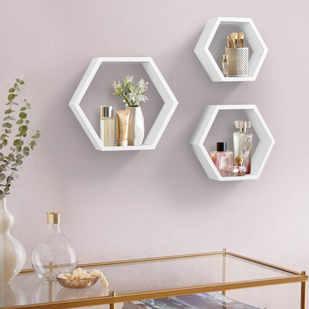 AHDECOR Hexagon Floating Shelves, Set of 3 White Hexagon Wall Shelves | Modern Honeycomb Floating Shelves for Living Room, Bedroom, Office | Hexagonal Wall Organizer Hanging Shelf