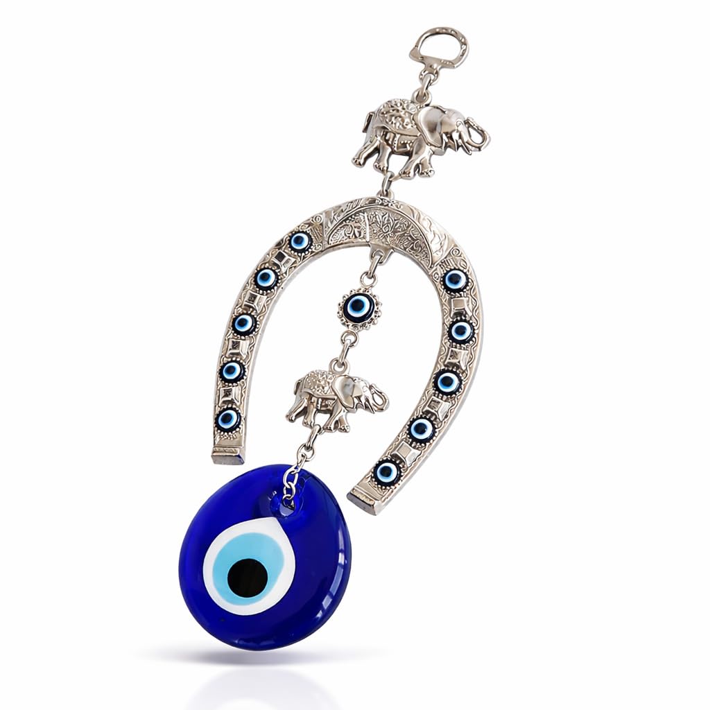 Erbulus Turkish Silver Horse Shoe Blue Evil Eye Wall Hanging Ornament with Elephant - Turkish Nazar Bead Amulet – Home Protection and Good Luck Charm Gift in a Box
