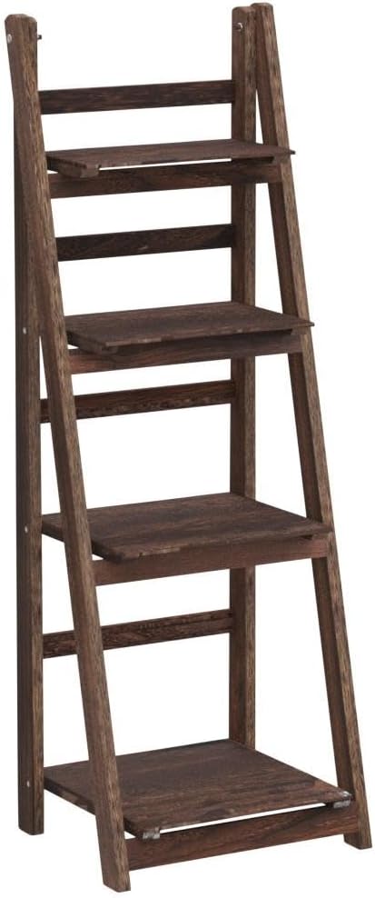 Ladder Shelf - Wooden Ladder Bookshelf - Leaning Bookshelf - Rustic Bookcase - Folding Bookcase (Dark Brown Ladder Shelf)