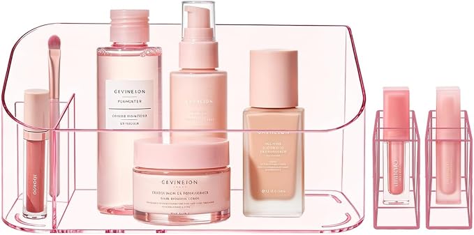Makeup Tray Holder Organizer Cosmetic Display Case Tabletop Desktop Vanity Countertop Bathroom Wall Cabinet Medicine Storage Box 9 Dividers 2 Removable Women Ladies Girls Gifts Crystal Pink 1 PACK