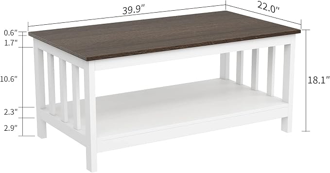 ChooChoo Farmhouse Coffee Table, White Living Room Table with Shelf, 40 Inch