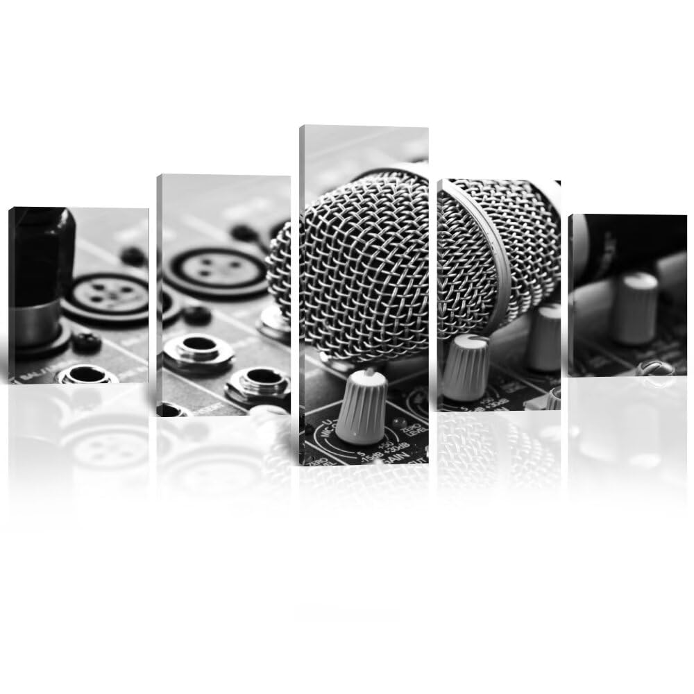 Wall HDQ Music Canvas Wall Art 5 Piece Microphone Pictures DJ Wall Decor Musical Equipment Print Painting for Music room Recording Studio Living Room Bedroom Decor Gifts for Musician (50" Wx24 H)