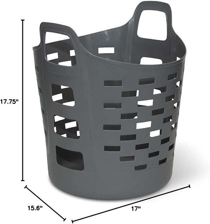Clorox Flexible Laundry Basket - Plastic Hamper for Clothes, Bedroom, and Storage - Portable Round Bin with Carry Handles, 1 Bushel, Grey