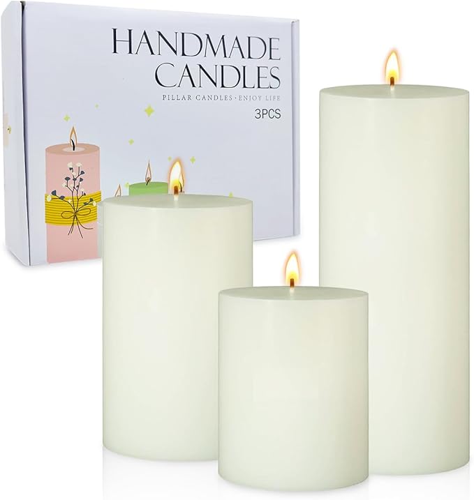 Set of 3 Different Size Ivory Pillar Candles, Unscented Dripless 2.75x3, 2.75x4, 2.75x6 Inch Long Lasting Cylinder Wax Candles for Home Power Outage Dinner Table Decoration