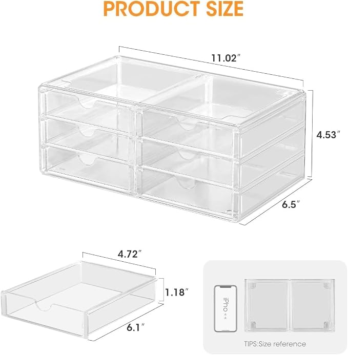 AIEVE Drink Packet Organizer, Stackable Storage Drawers for Tea Bag Organizer, Water Packet Holder with 6 Drawers Acrylic Bins for Kitchen Cabinets Pantry Office Organization