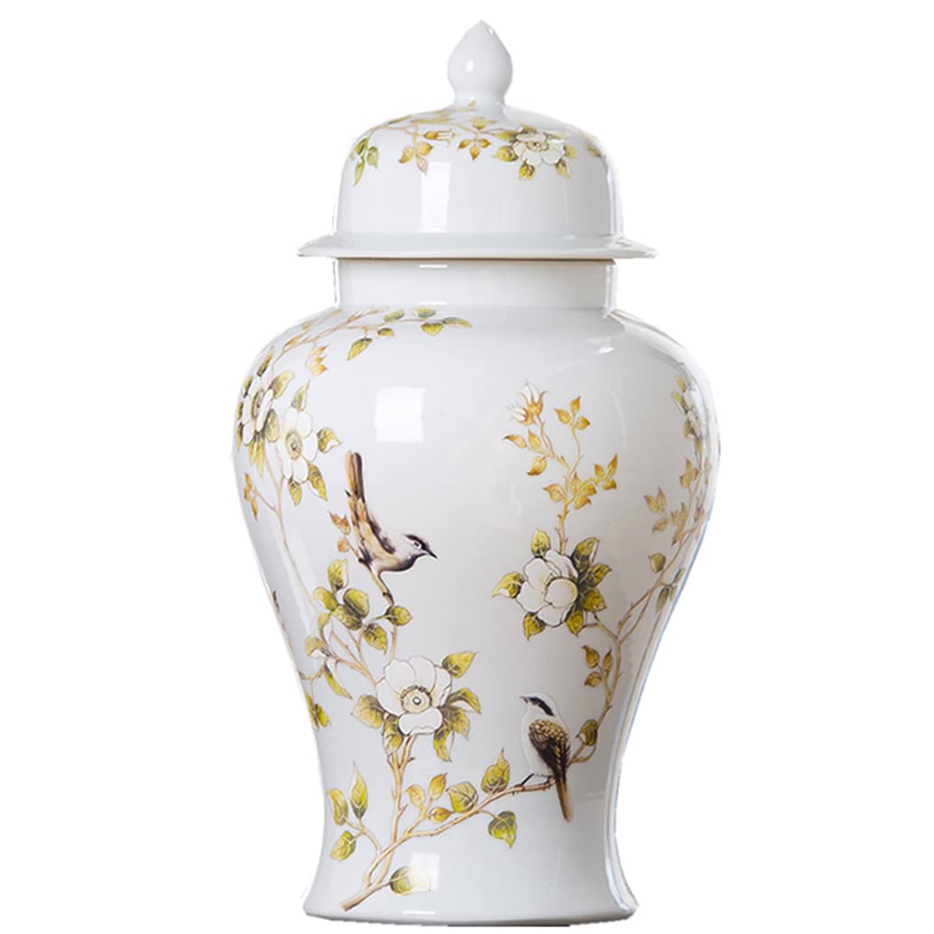 ZHOUXIAO White Ceramic Ginger Jar with Lid for Home Decor,Traditional Chinese Flowers and Birds Temple Jar, Jingdezhen Handcrafted Porcelain Vase Centerpiece Decor M