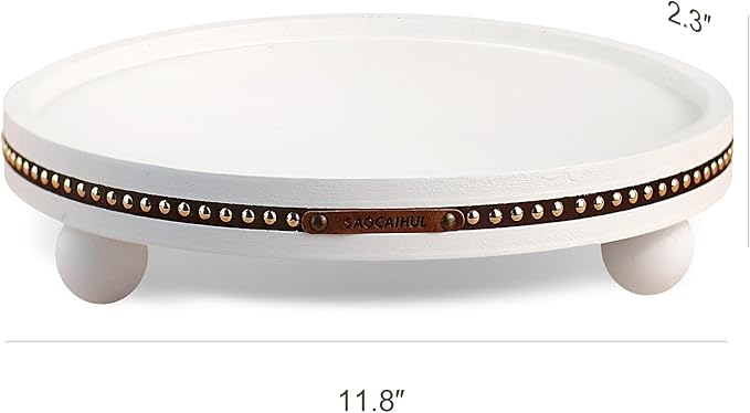 Farmhouse Decorative Round Tray, 11.81 Inch, Versatile Centerpiece Tray for Coffee Table Kitchen Living Room Bathroom, Home Decor Accent White