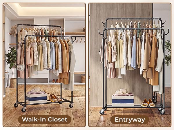 HogHow Clothes Rack, Rolling Clothing Rack with Double Rods for Hanging Clothes, Portable Garment Rack with Wheels, Metal Wardrobe Closet Organizer for Bedroom and Laundry Room