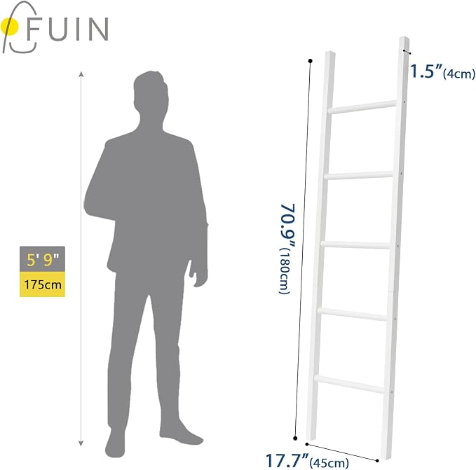 FUIN 6ft Wooden White Blanket Ladder Living Room Decorative Wall Leaning Farmhouse Quilt Display Holder Rustic Wood Towel Rack for Bathroom