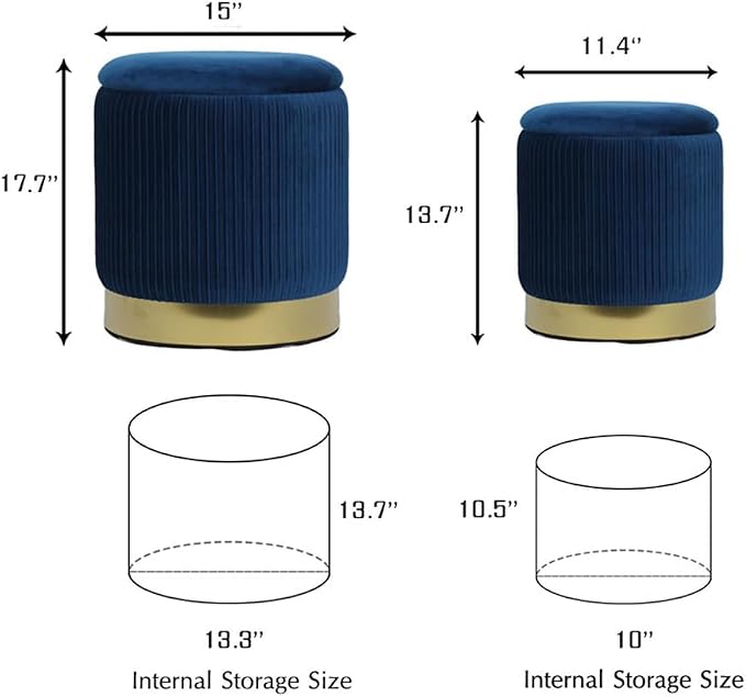 YYW HOME Navy Round Ottoman with Storage Set of 2 Vanity Stool Foot Rest with Removable Lid White Velvet Storage Ottoman Stool for Living Room and Dorm