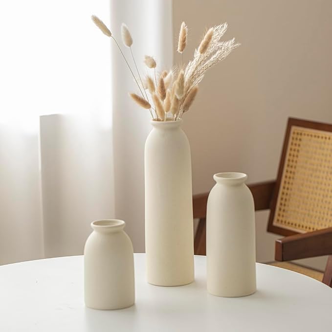 10.4 inches Tall Decorative Ceramic Vase Set, 3 Pieces, Nordic Modern Boho Style, White, for Home Decor (Beige)