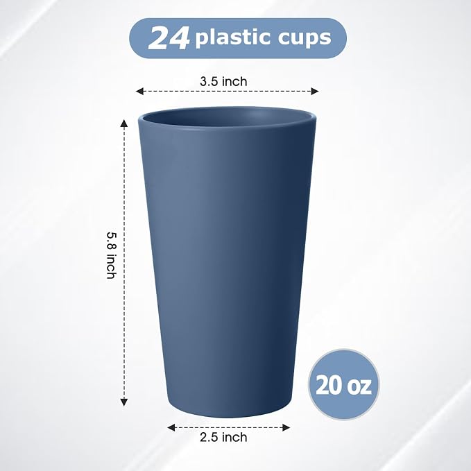 HEYCOME 24 Pcs Unbreakable Plastic Cups Set, 20 oz Reusable Plastic Cups, Stackable Water Tumblers, Drinking Cup for Kitchen, Outdoor, BPA-free, Dishwasher Refrigerator and Microwave Safe, Dark Blue