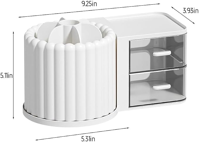 Makeup Organizer Countertop, 360 Rotating Makeup Brush Holder with 2 Drawer Organizer, Small Preppy Kids Desk Organizer, 9.25x5.11 Inch, White
