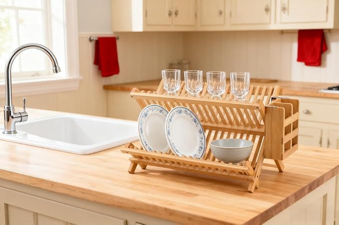 QUEENKAY Dish Drying Rack Collapsible 2-Tier Bamboo Dish Rack for Kitchen Counter Wooden Dish Drainer with Foldable Space-Saving Design for Dishes, Plates, and Cups