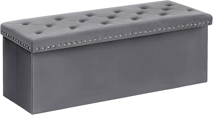 B FSOBEIIALEO Storage Ottoman Bench, Folding Tufted Ottomans with Storage, Extra Large 140L Storage Boxes Footrest Bench for Bedroom, Luxury Velvet Fabric 43 Inches Grey