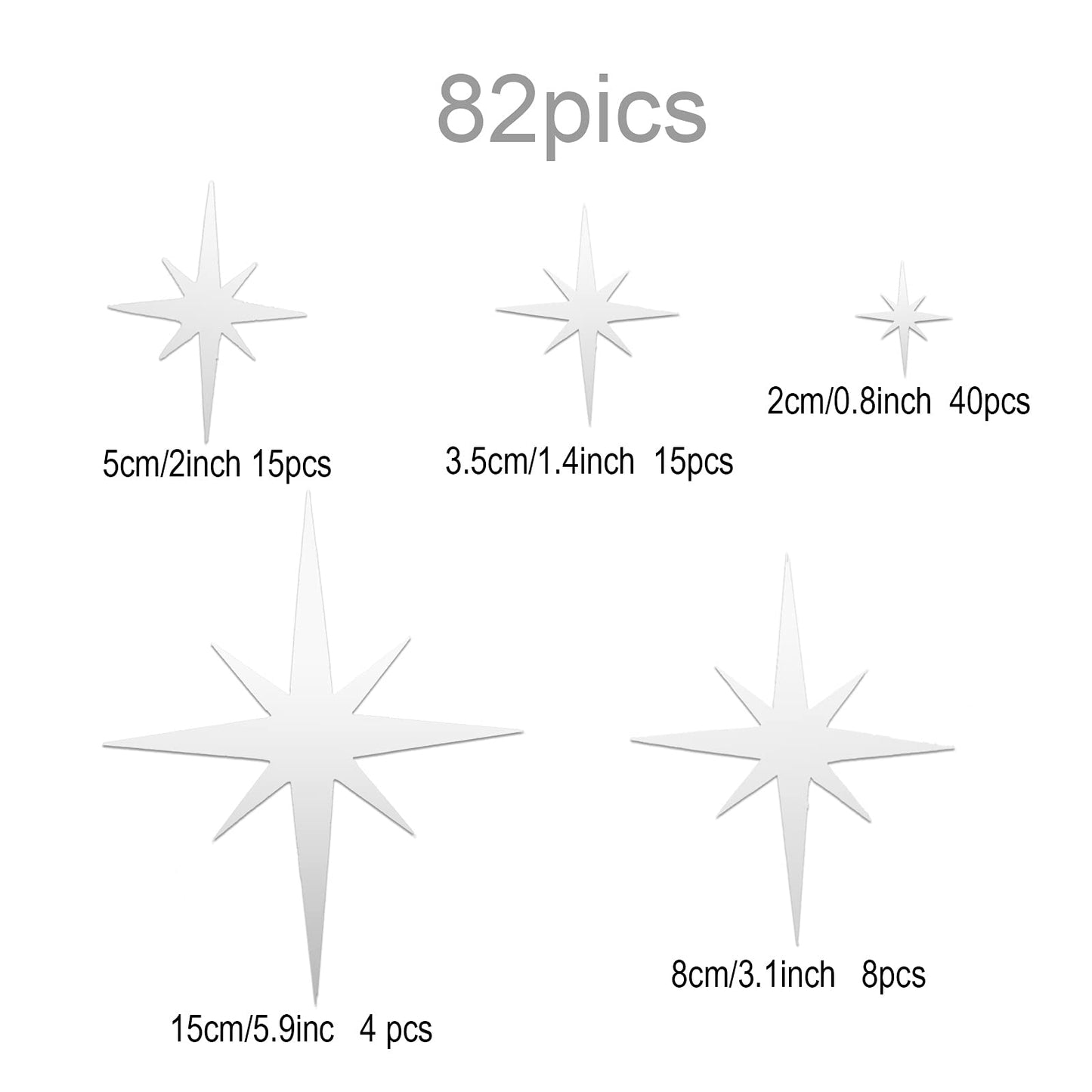 Zonon 82 Pieces Mirror Wall Stickers Star Wall Decals Decor Removable 3D Acrylic Mirror Star Setting Sticker for Ceiling Home Bedroom Living Room Girls Room Decor(Silver)
