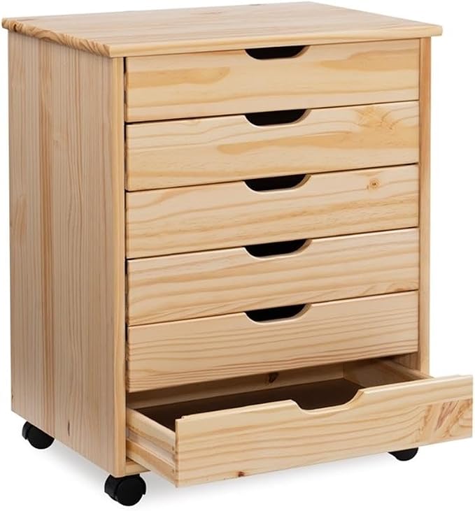 Linon Callie Multipurpose Six Drawer Dresser Wide Wood Rolling File Cabinet Storage Cart in Natural