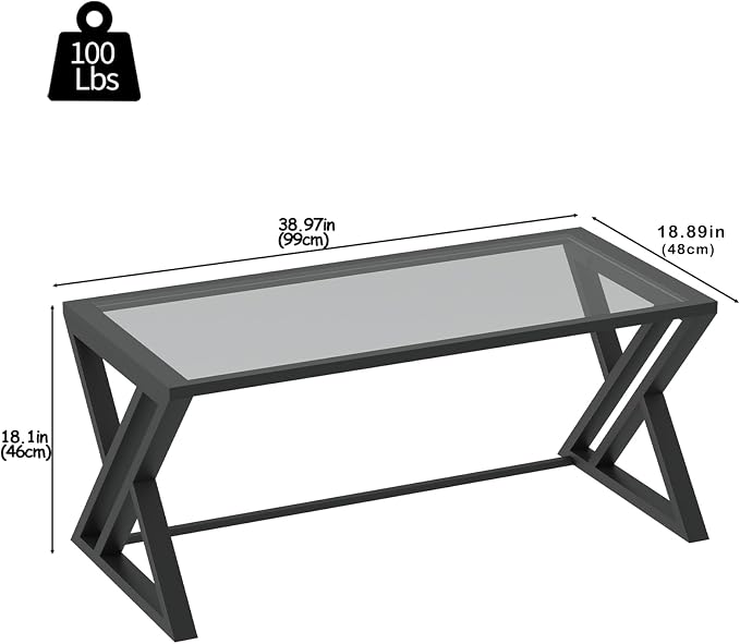Wolawu Coffee Table Grey Glass Coffee Table for Living Room,Modern Rectangular Center Table with Sturdy Metal Frame,Tempered Glass Tables for Bedroom Home Office