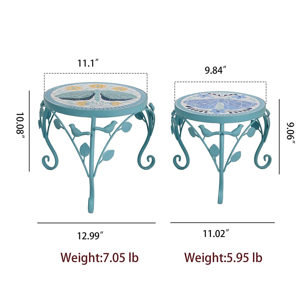 Rustic Metal Plant Stand Set of 2 Indoor & Outdoor Round Ceramic Top Butterfly Mosaic Planter Pot Stand Low Heavy Duty Flower Holder Rack for Patio Living Room Garden Farmhouse Accessory Decor Gift
