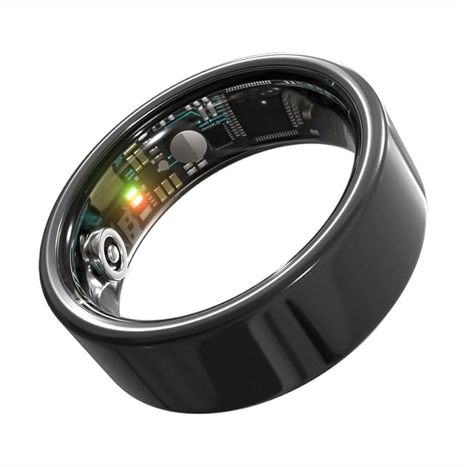 Smart Ring Health Monitoring 5ATM Waterproof Fitness Tracker with Glossy Titanium Surface Blood Oxygen/Sleep/Stress Tracking Women?™s Cycle Prediction Sport Ring Compatible with iOS/Android Black 7