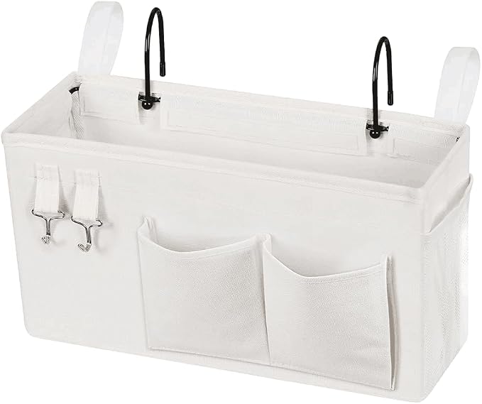 Lilithye Bedside Caddy Bedside Organizer Bedside Storage Caddy with Fixed Straps and Water Bottle Holder for Home College Dorm Bunk Bed Hospital Bed Crib Bed Rails (New White)