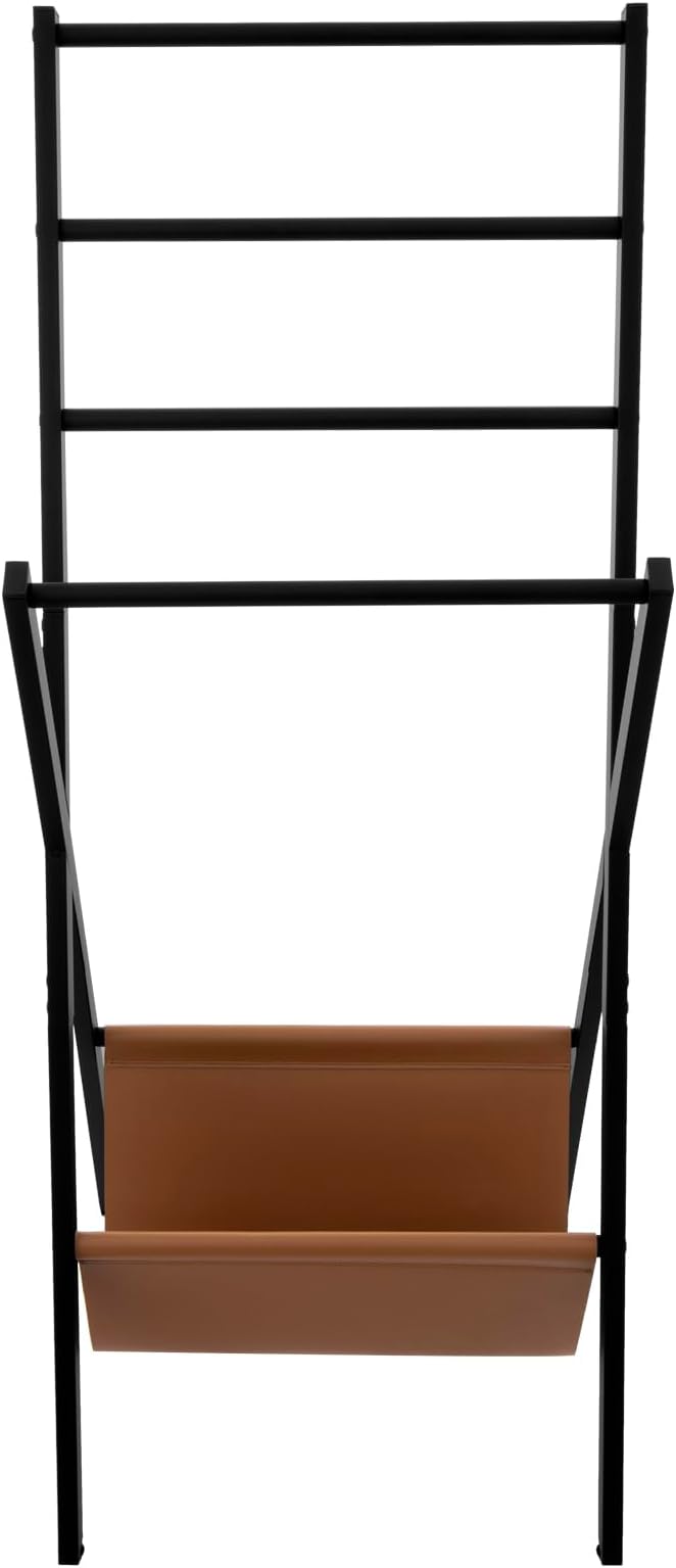 MyGift Blanket Ladder, Freestanding Blanket and Towel Rack with 4 Crossbars and Tan Leatherette Magazine Storage Holder – Modern Metal Floor Living Room or Bathroom Organizer Stand