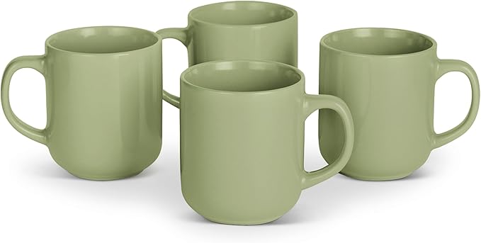 Amazon Basics Glazed Stoneware Coffee and Tea Mugs, Ceramic 4-Piece Set, 16 oz, Microwave, Freezer and Dishwasher-Safe, Stain-Resistant, Olive