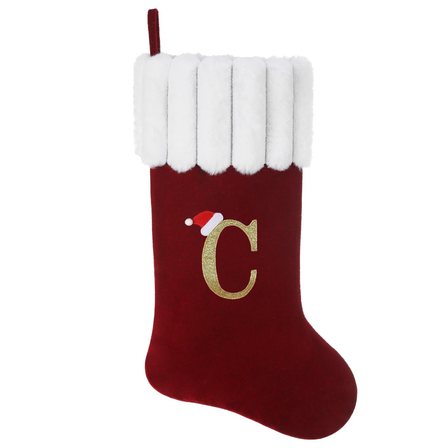 Yehnois 20 Inch Personalized Christmas Stocking,Red Velvet with Embroidered Initial,Holiday Xmas Party Decor Letter C