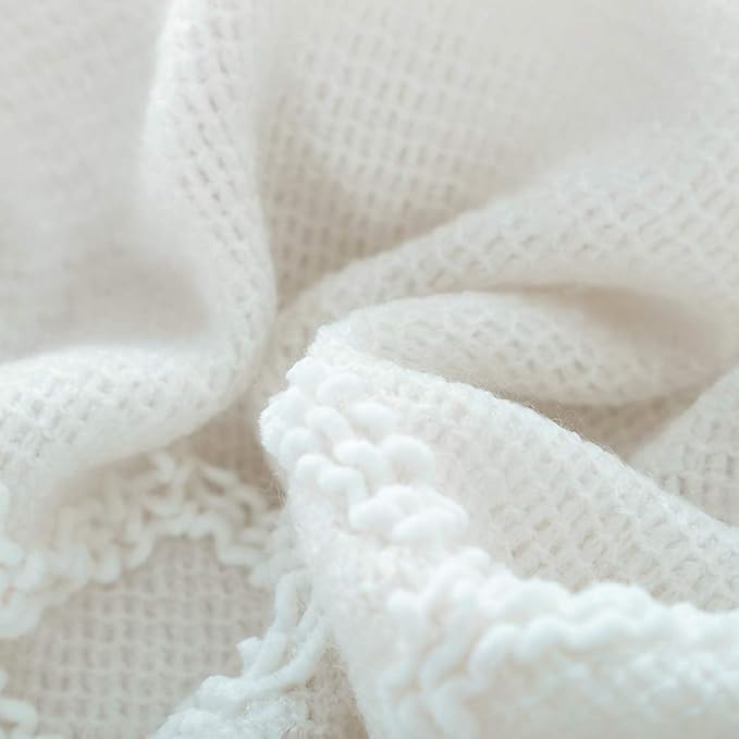BOURINA Fluffy Chenille Knitted Fringe Throw Blanket Lightweight Soft Cozy for Bed Sofa Chair Throw Blankets, Off White 60"x80"