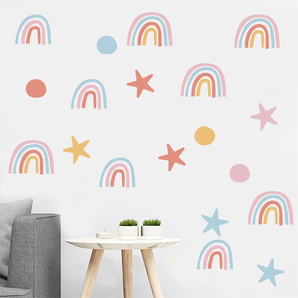 Rainbow, Stars & Dots Wall Decals for Kids Room – 160 PCS Pastel Boho Peel & Stick Waterproof Vinyl Wall Decor Stickers, 10 Sheets Removable Nursery, Bedroom & Playroom Decor(Style A)