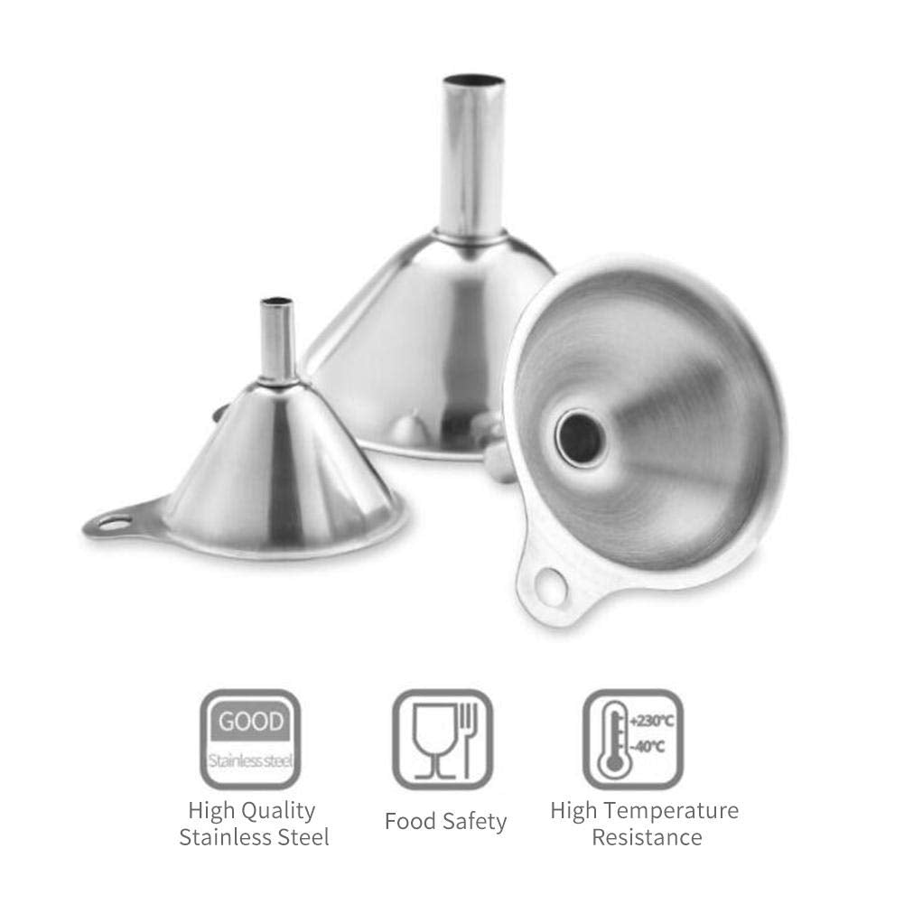 3 in 1 Metal Funnels for Filling Bottles Stainless Steel Small Kitchen Funnel Set for Transferring Essential Oils Liquid Fluid Spice Dry Ingredients Powder,Durable (‎Short-Handled Funnel)