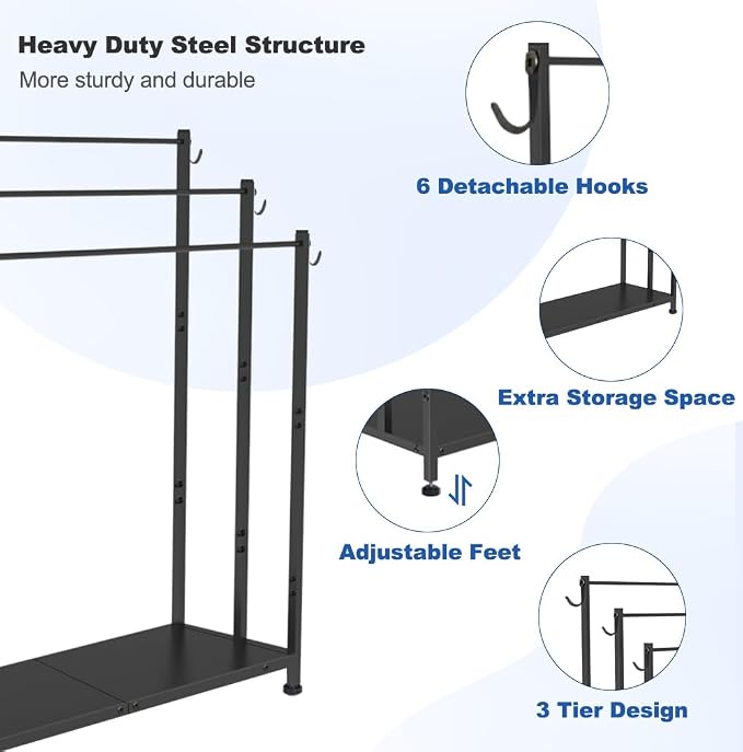 Extra Large Free Standing Towel Rack with Metal Storage Shelf & 6 Hooks for Bathroom, 3 Tiers Heavy Duty Blanket Drying Stand Holder for Outdoor Pool, Bedroom, Living Room, Black