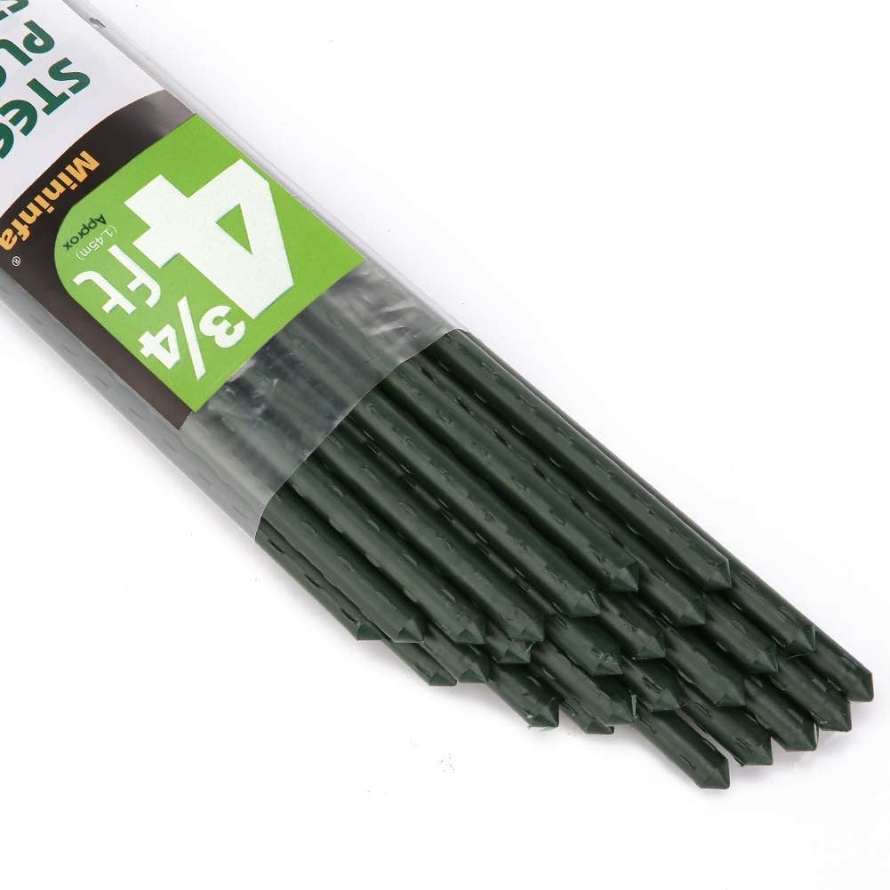 Mininfa Plastic Coated Metal Garden Stakes 57 Inch (Approx 5 FEET), Steel Plant Stakes Supports Climbing for Tomatoes, Trees, Beans, 25 Pack