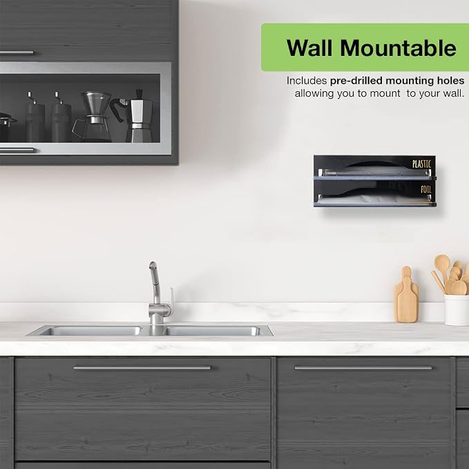 OnDisplay Luxe Acrylic 2-in-1 Plastic Wrap/Wax Paper/Aluminum Foil Dispenser for Drawer or Wall Mountable - Cling Wrap/Parchment Paper/Tin Foil Holder for Kitchen (Black 2-in-1)
