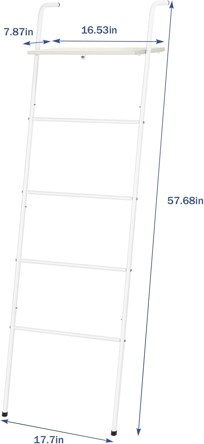 Blanket Ladder Farmhouse Towel Rack Holder for Bathroom, Wall Leaning Decorative Quilt Rack with Shelf, Rustic Blanket Storage for Living Room Bedroom Home Decor, White