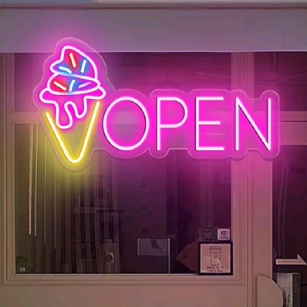 Neon Open Ice Cream Open Sign,IceCream Led Neon Sign,Pink Light Up Neon Sign,Ice Cream Car Led Sign, Signage Gift for Opening Size:20inches