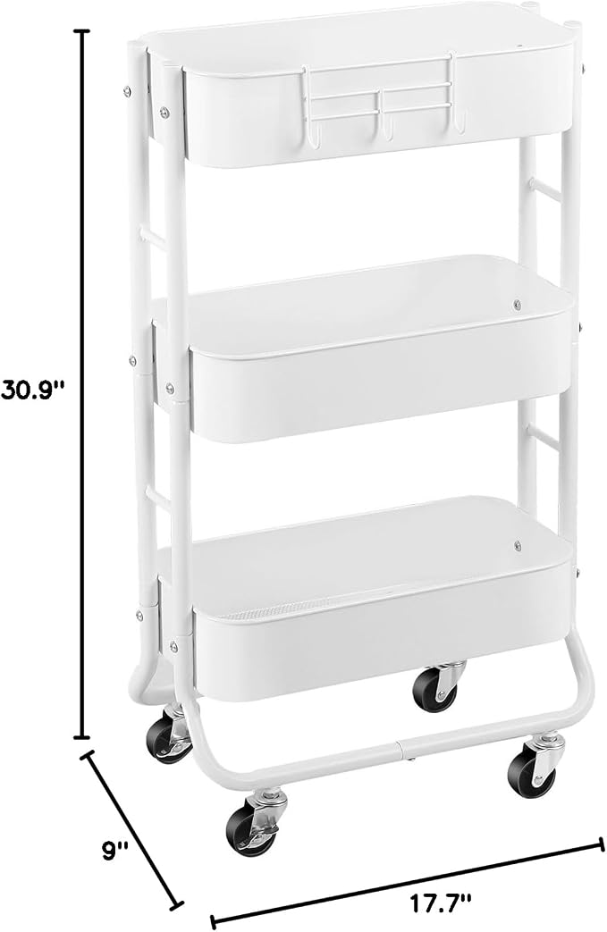MAX Houser Slim 3-Tier Rolling Utility Cart, Narrow Metal Bathroom Storage Multifunctional Organizer Carts with Wheels with Extra Hook, Laundry Room,Kitchen,Small Space(White)
