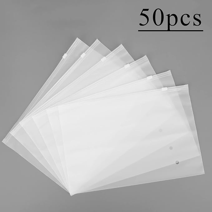 Frosted Zipper Bags for Clothes, 9.8x7.8 inch Resealable Plastic Mailers, 50Pcs Bikini Bags with Slider Closure for Swimsuit, Bathing Suit, T Shirt Packaging, 3 Mil Thick with Vent Holes