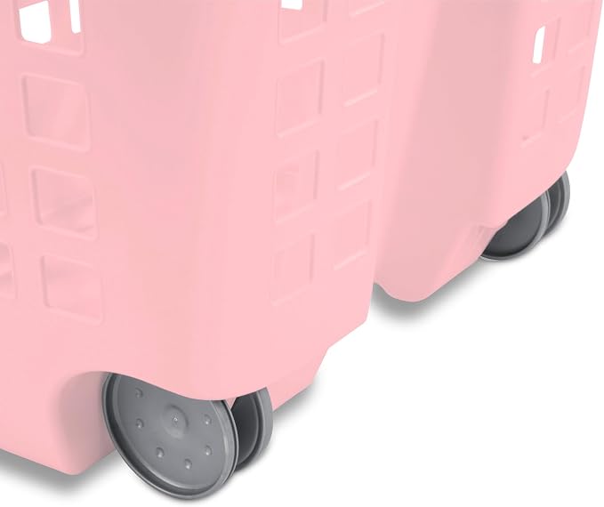 Sterilite 4 Pack Ultra Wheeled Laundry Basket, Plastic Clothes Hamper Bin with Wheels and Retractable Handle, 1.7 Bushel Capacity, Pink Frost