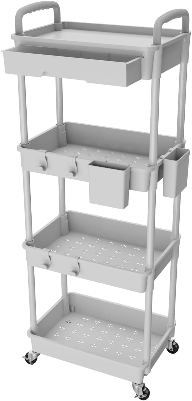4 Tier Rolling Utility Cart with Drawer,REBECAT Utility Cart Made of Multifunctional Storage Organizer Tool for Kitchen,Bathroom,Living Room,Office(Gray)