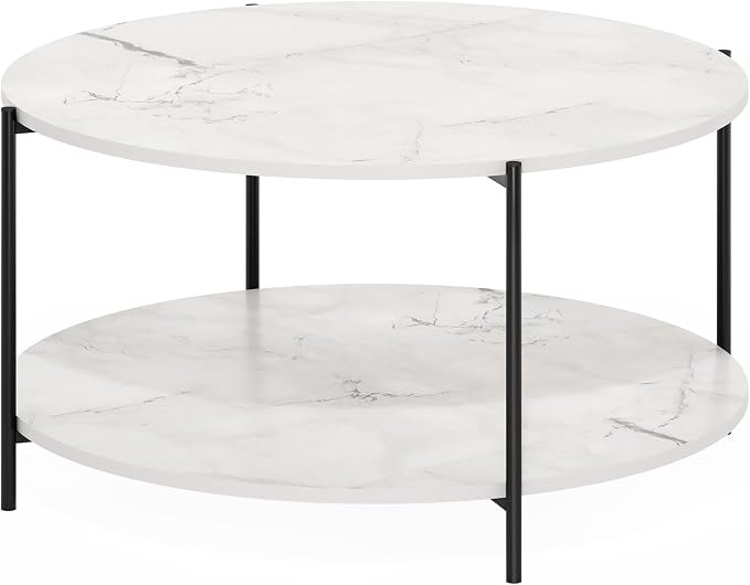Furinno BESI Coffee Table, 2-Tier Round Modern Coffee Table with Metal Legs, Side Table with Open Shelf, for Living Room, Bedroom, Home Office, Marble White