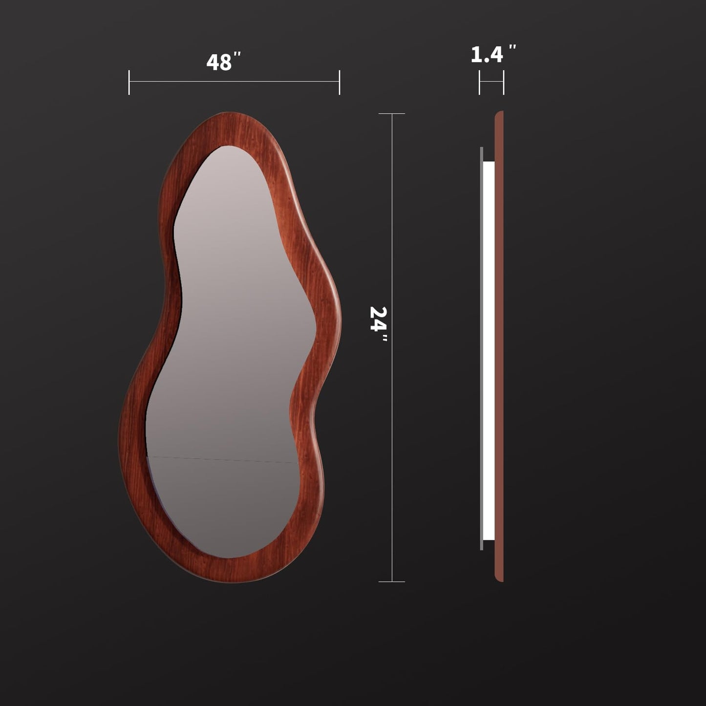 osemy 48"x 24" LED Wood Full Length Mirror with Lights Irregular Wavy Full Body Mirror Shatter-Proof Hanging/Leaning Wall Mounted Walnut Wooden Framed for Dressing Bedroom Living Room
