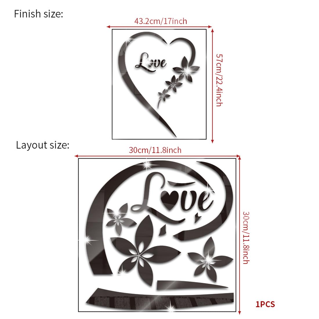 Heart Shape Mirror Wall Sticker, Self-Adhesive Love Heart Acrylic Mirror Wall Stickers Art Mural, DIY Walls Art Home Decor Heart Mirror Wall Decals for Living Room Bedroom Bathroom Office (Silver)