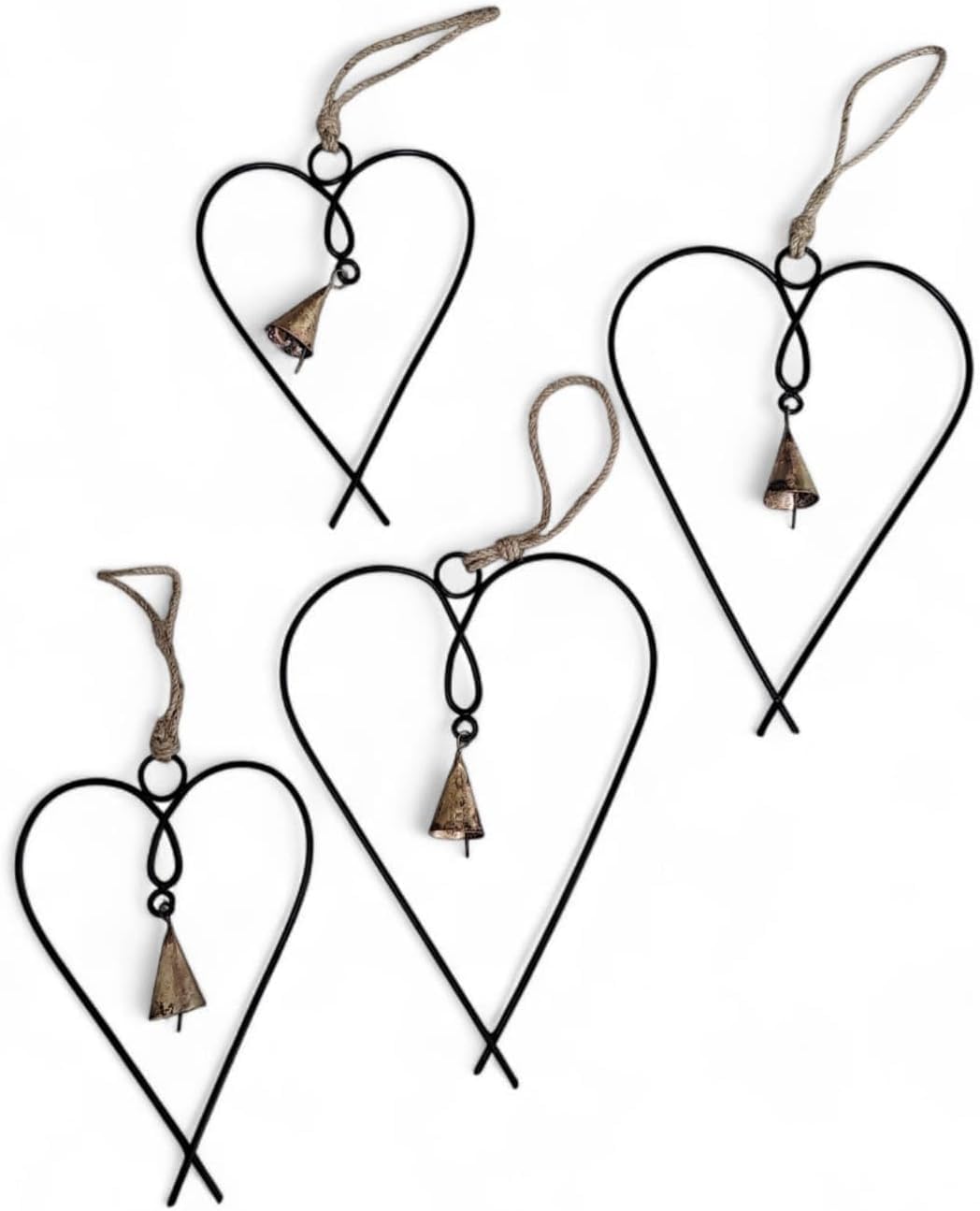 Mango Gifts Set of 4 Metal Heart Wall Art Decor with Bells | Black Love Heart Wall Sign Ornaments for Bedroom, Living Room & Home Decoration