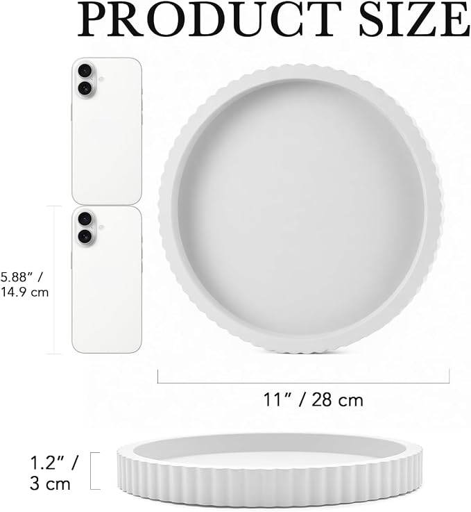 Modern Decorative Tray for Coffee Table, 11" Wooden White Round Small Decor Tray for Candle, Perfume, Vanity, Kitchen Island Counter & Table Centerpiece