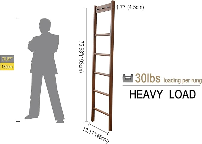 Wooden Blanket Ladder - Natural & Motley Wood - Leaning Wall Decor for Bedroom, Bathroom, Living Room - Rustic Quilt Holder & Towel Rack (Walnut Color + Hook, 76in（5-Tier）)