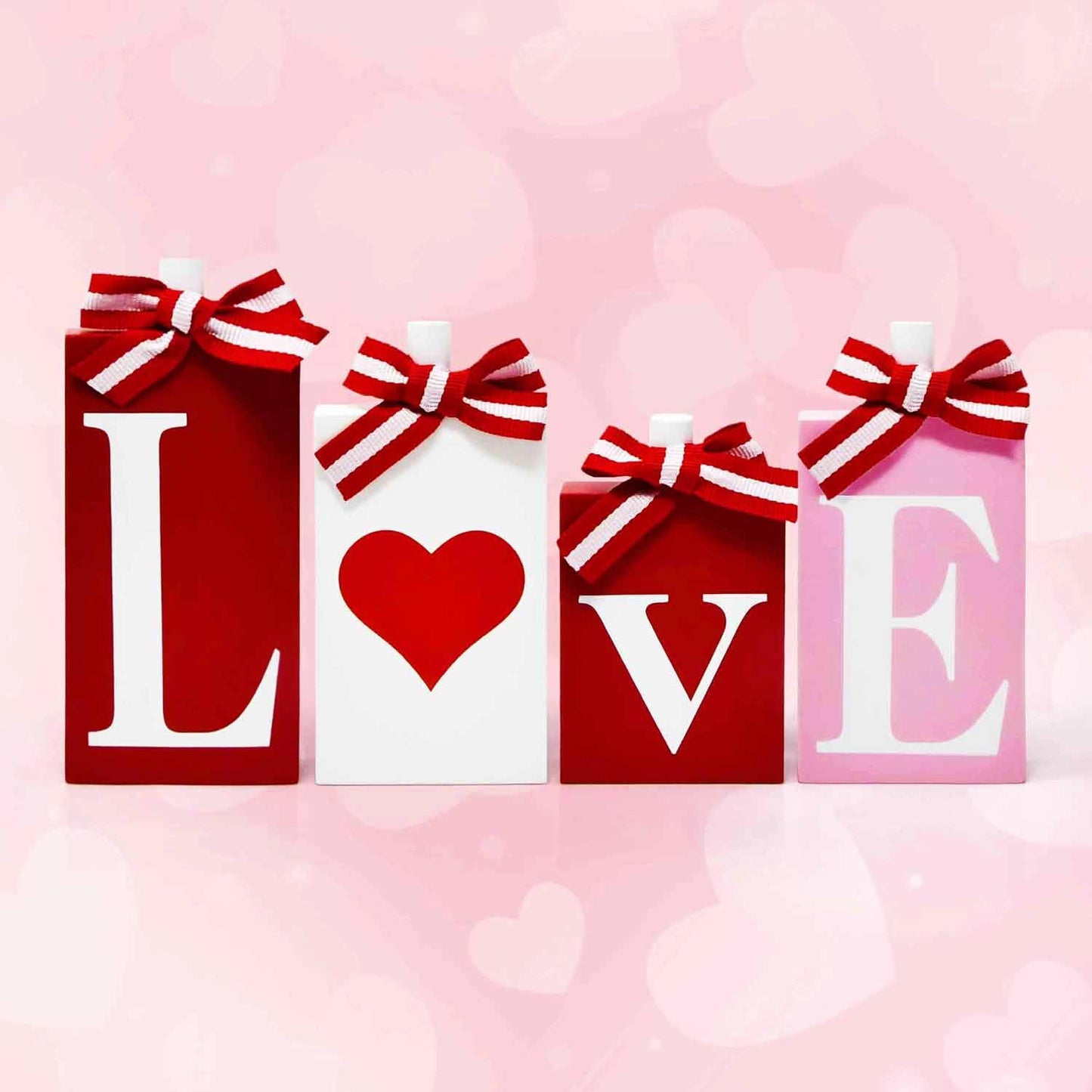 Gift Boutique Valentine's Day Love Heart Block Signs Set of 4 Red Pink White Rustic Wooden Table Tiered Tray Decor Home Wedding Party Decoration Gifts