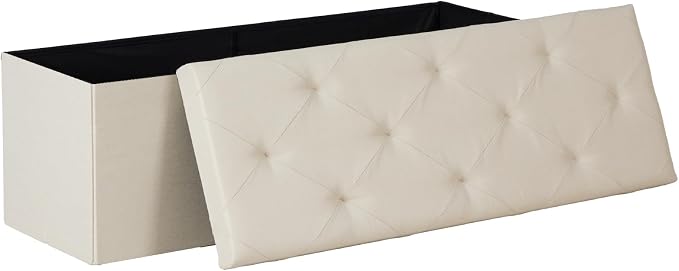 DUMOS 43 Inch Folding Storage Ottoman Bench, Large Hidden Storage Chest withThicker Foam Padded Seat, End of Bed Foot Rest Stool for Bedroom Living Room Entryway, Load 660 lbs, Beige