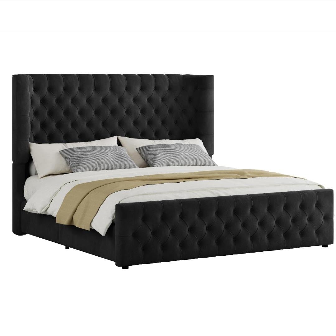 Jocisland King Size Platform Bed Frame, 6.3" Thick Upholstered Curved Wingback Headboard and Footboard with Deep Button Tufted, Easy Assembly, No Box Spring Needed, Black Velvet