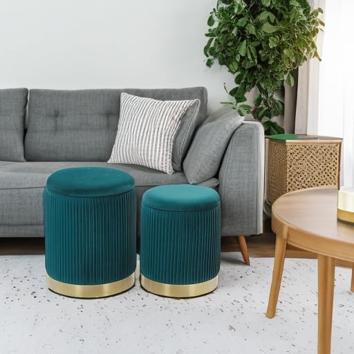 YYW HOME Green Velvet Round Storage Ottoman Set of 2 - Small Ottoman Coffee Table, Foot Stool, Removable Lid, for Living Room, Bedroom, Hallway, Assembly Free